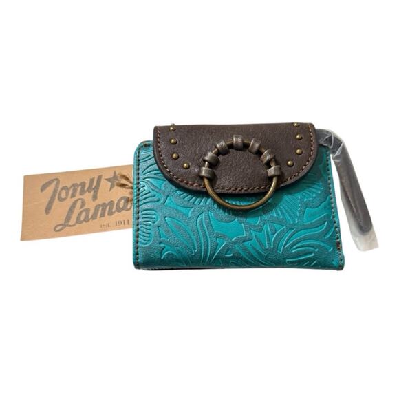 NWT! Tony Lama Western Studded Brown Turquoise Tooled Wristlet Wallet - Picture 1 of 9